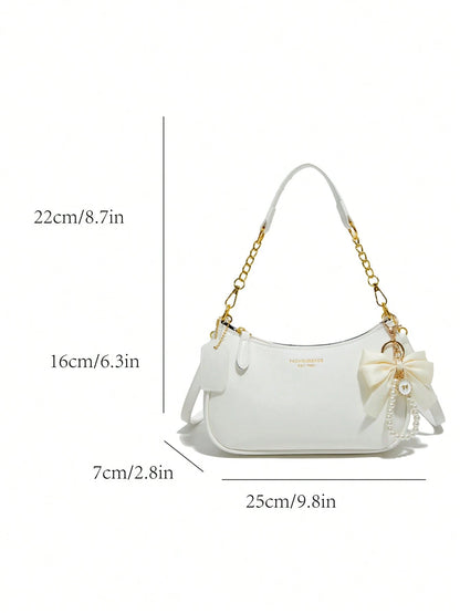 Women's Shoulder Bag  Made Of Solid Color PU Material, Decorated With Letter Accents, Bow, And Pearl Pendant, Cream Bag