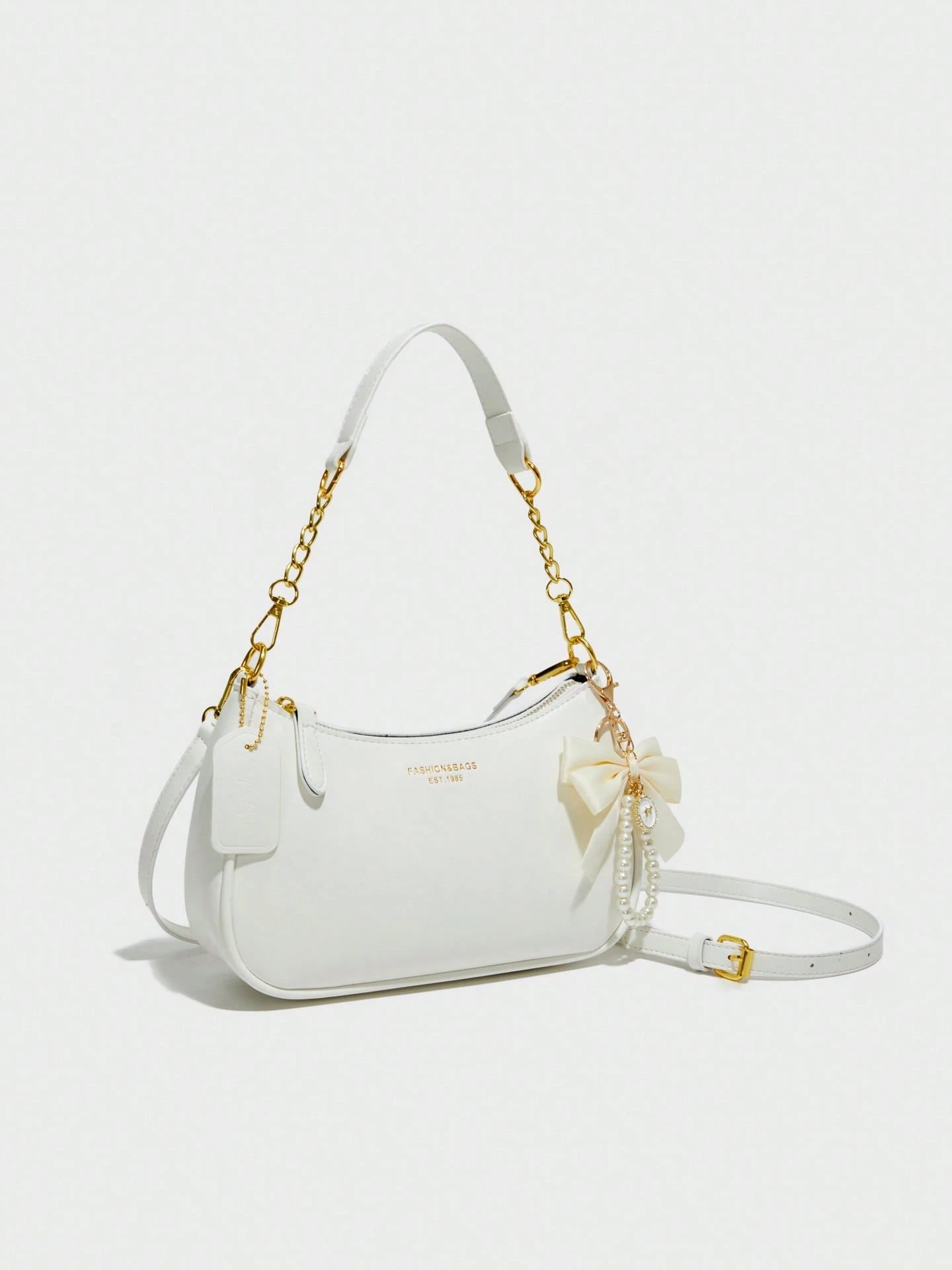 Women's Shoulder Bag  Made Of Solid Color PU Material, Decorated With Letter Accents, Bow, And Pearl Pendant, Cream Bag