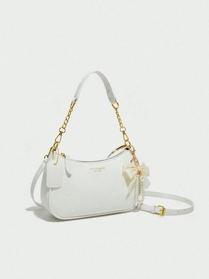 Women's Shoulder Bag  Made Of Solid Color PU Material, Decorated With Letter Accents, Bow, And Pearl Pendant, Cream Bag
