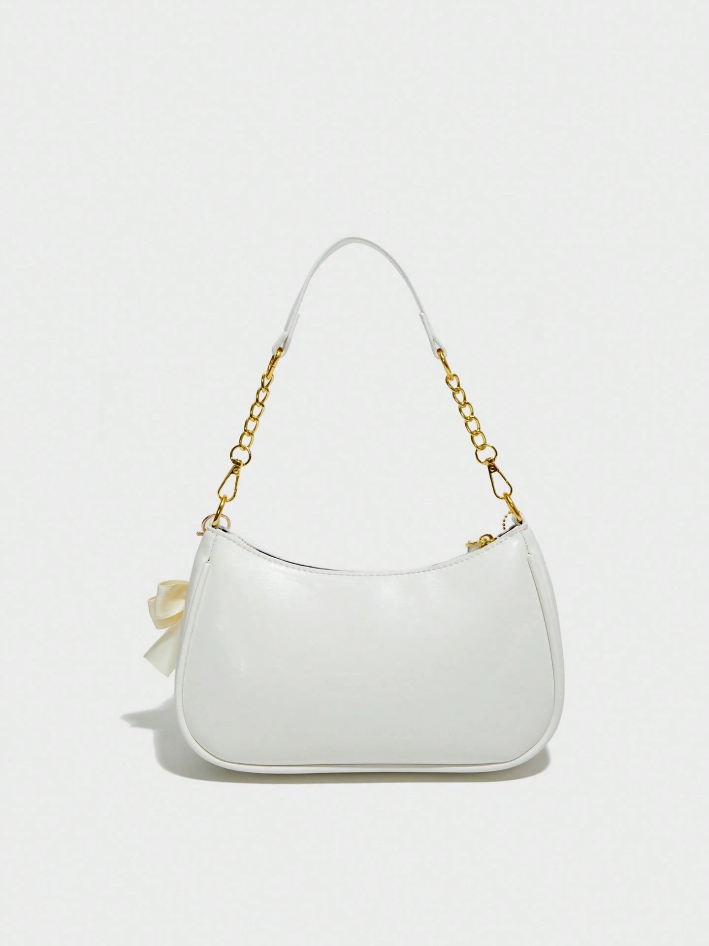 Women's Shoulder Bag  Made Of Solid Color PU Material, Decorated With Letter Accents, Bow, And Pearl Pendant, Cream Bag