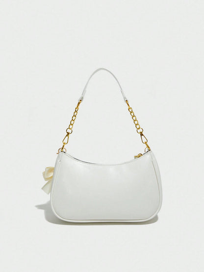 Women's Shoulder Bag  Made Of Solid Color PU Material, Decorated With Letter Accents, Bow, And Pearl Pendant, Cream Bag