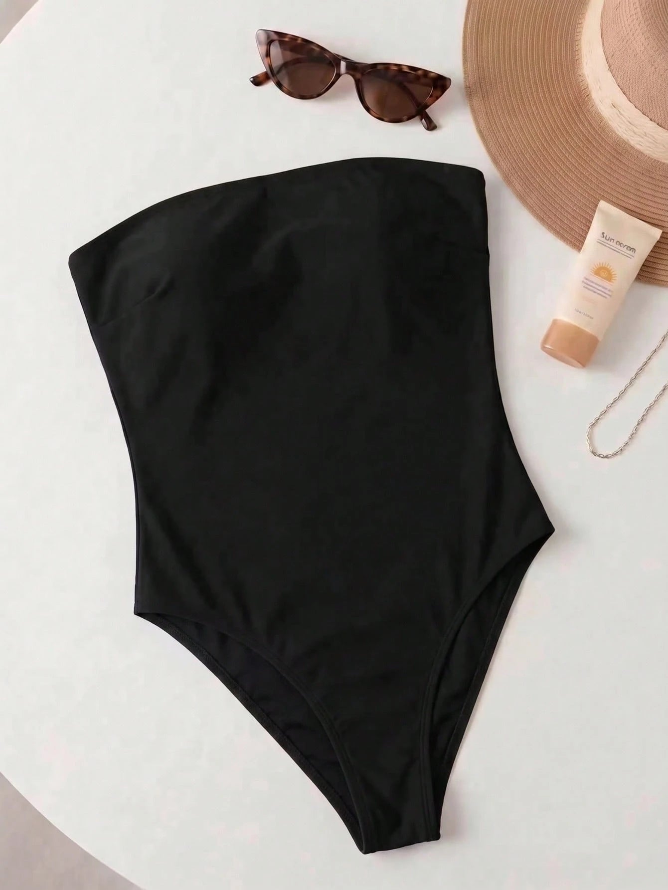 Women's Simple Solid Color Bandeau One-Piece Swimsuit, Suitable For Beach And Vacation Black Summer