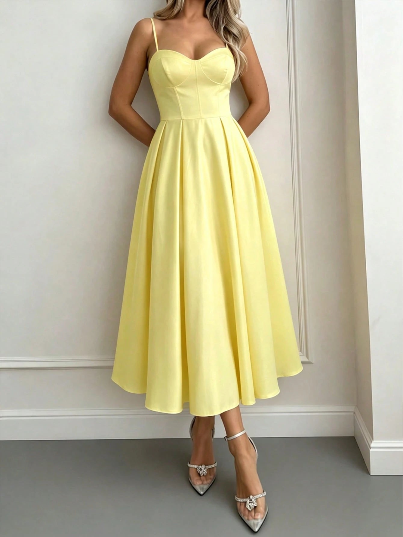 Women's Solid Color A-Line Backless Tie Waist Sexy Elegant Vacation Date Night Spring Summer Spaghetti Strap Dress Party Yellow