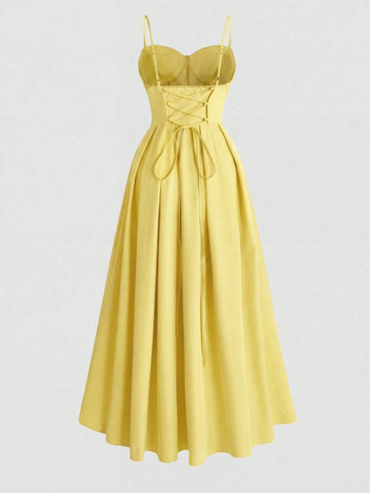 Women's Solid Color A-Line Backless Tie Waist Sexy Elegant Vacation Date Night Spring Summer Spaghetti Strap Dress Party Yellow