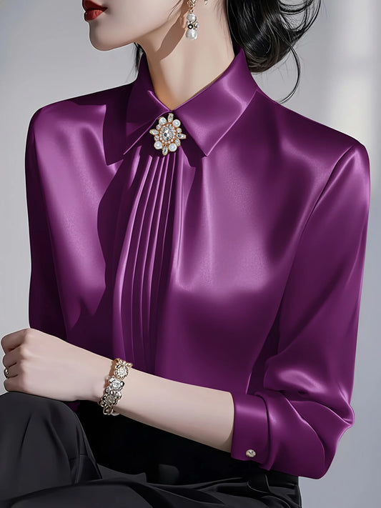 Women's Solid Color Collared Long Sleeve Shirt, Fashionable Elegant Office Commute Versatile Long Sleeve Blouse Spring
