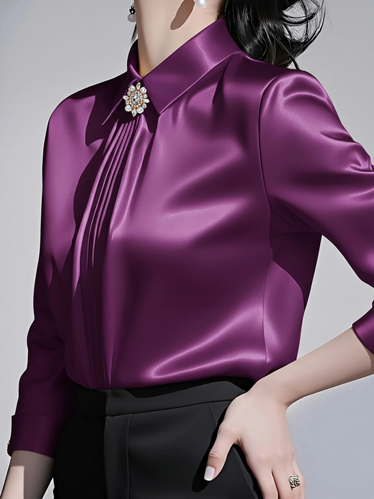 Women's Solid Color Collared Long Sleeve Shirt, Fashionable Elegant Office Commute Versatile Long Sleeve Blouse Spring