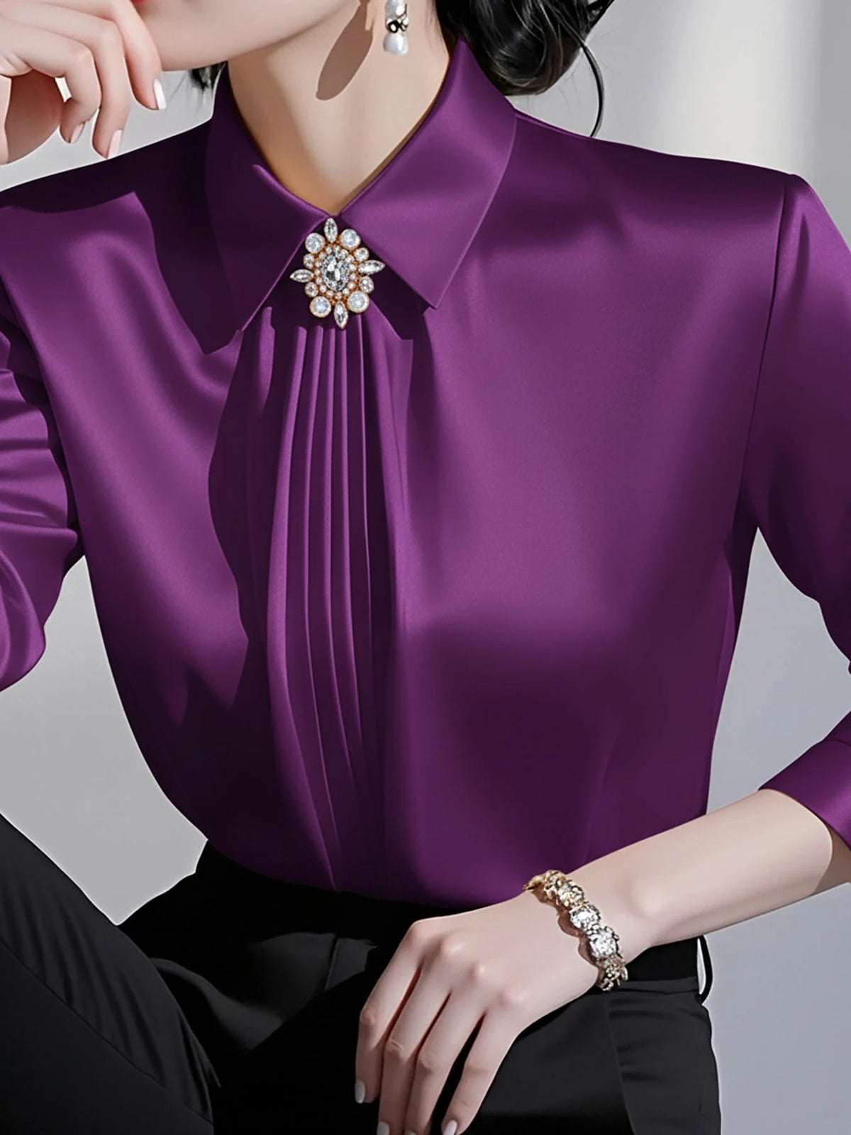 Women's Solid Color Collared Long Sleeve Shirt, Fashionable Elegant Office Commute Versatile Long Sleeve Blouse Spring