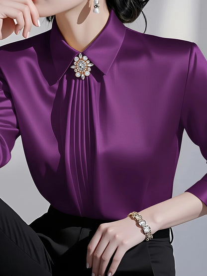 Women's Solid Color Collared Long Sleeve Shirt, Fashionable Elegant Office Commute Versatile Long Sleeve Blouse Spring