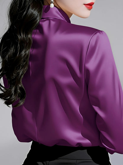 Women's Solid Color Collared Long Sleeve Shirt, Fashionable Elegant Office Commute Versatile Long Sleeve Blouse Spring
