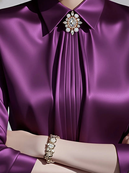 Women's Solid Color Collared Long Sleeve Shirt, Fashionable Elegant Office Commute Versatile Long Sleeve Blouse Spring