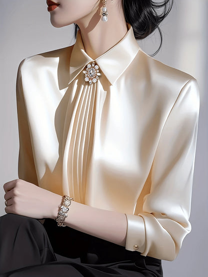Women's Solid Color Collared Long Sleeve Shirt, Fashionable Elegant Office Commute Versatile Long Sleeve Blouse Spring