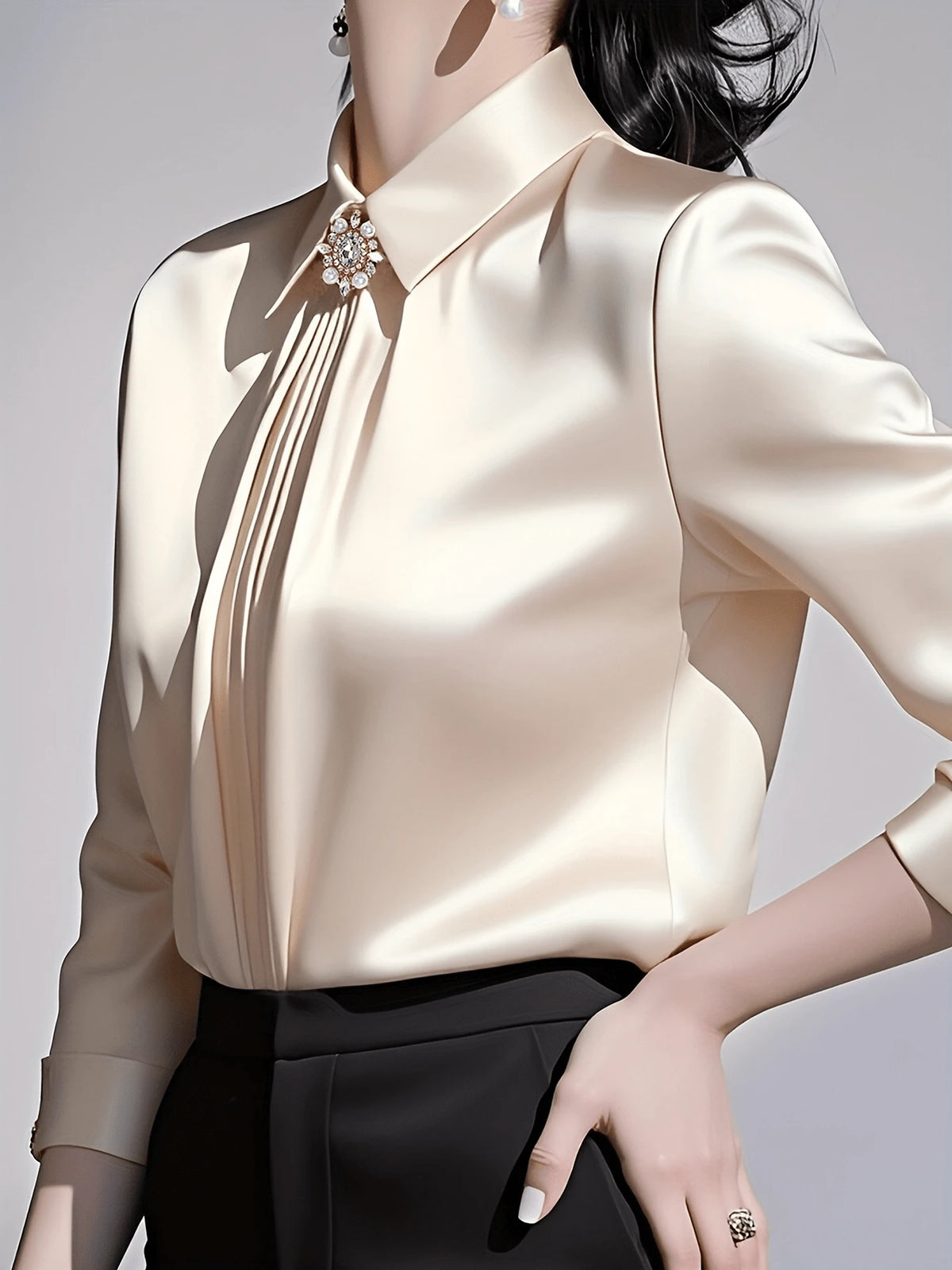 Women's Solid Color Collared Long Sleeve Shirt, Fashionable Elegant Office Commute Versatile Long Sleeve Blouse Spring