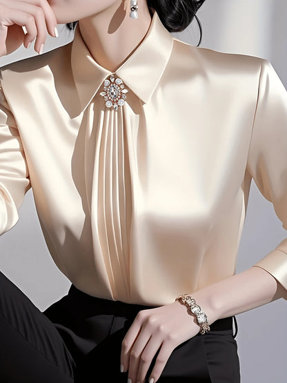 Women's Solid Color Collared Long Sleeve Shirt, Fashionable Elegant Office Commute Versatile Long Sleeve Blouse Spring