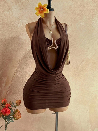 Women's Solid Color Halter Neck Pleated Sexy Tropical Date Beach Vacation Night Out Club Pool Party Mini Dress Baby Blue Summer,No Breast Pads