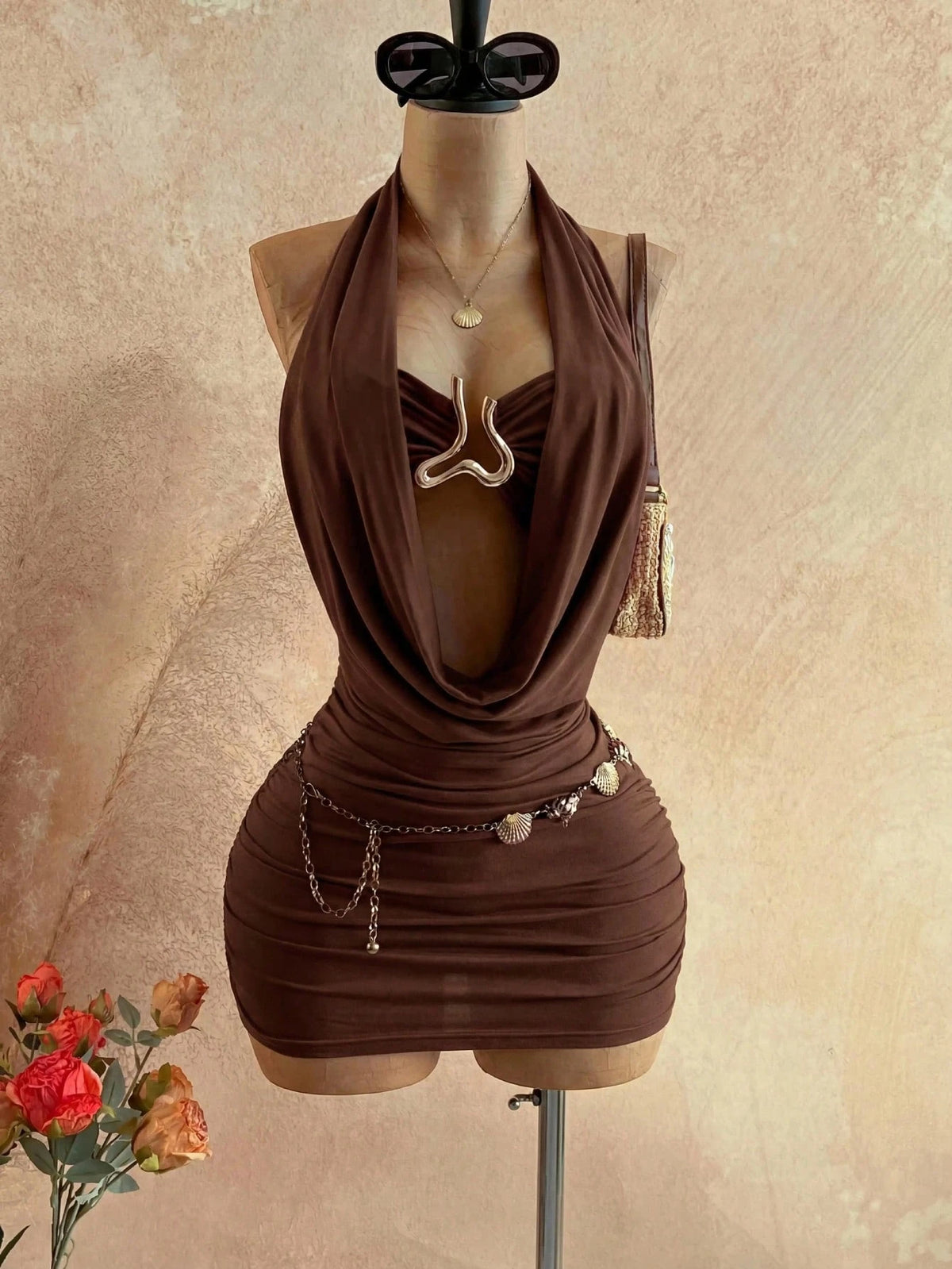 Women's Solid Color Halter Neck Pleated Sexy Tropical Date Beach Vacation Night Out Club Pool Party Mini Dress Baby Blue Summer,No Breast Pads
