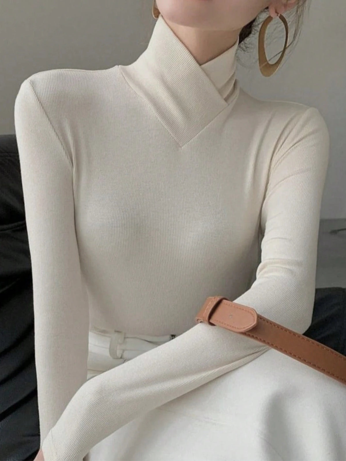 Women's Solid Color Knitted Cross Design Stand Collar Base Layer T-Shirt Top Office New Year Top Autumn/Winter New Arrival Casual