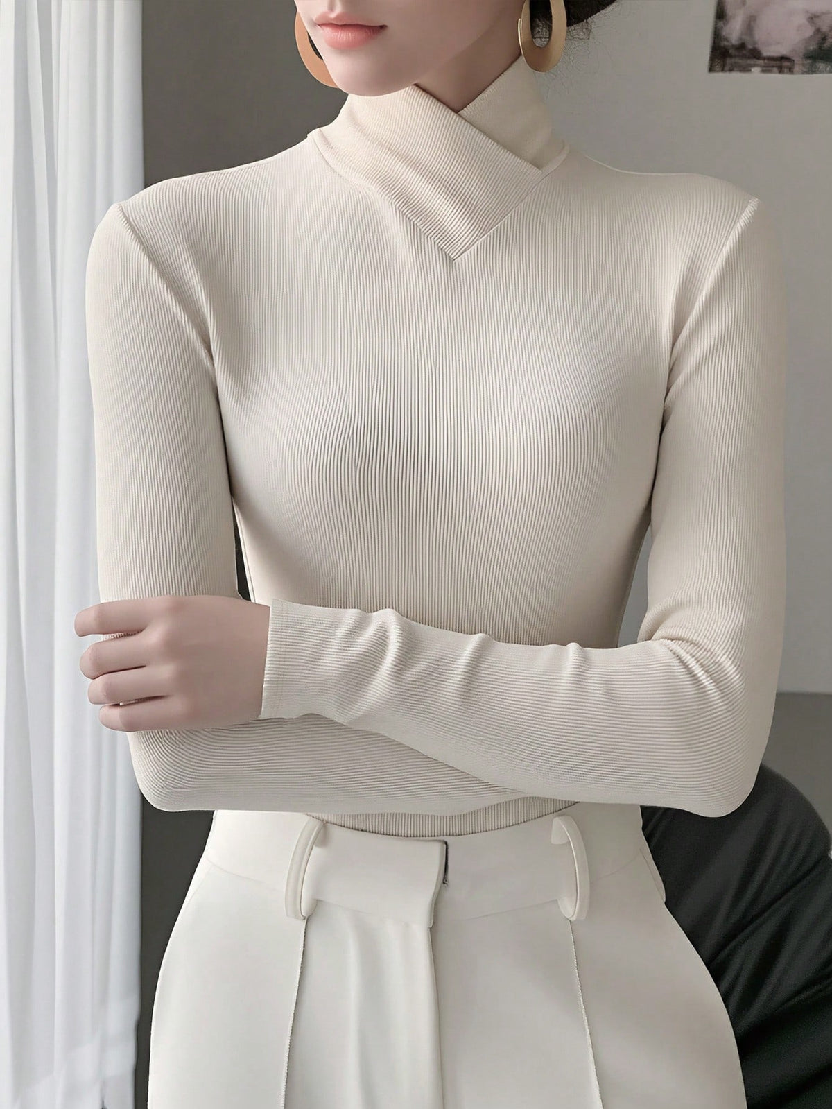 Women's Solid Color Knitted Cross Design Stand Collar Base Layer T-Shirt Top Office New Year Top Autumn/Winter New Arrival Casual