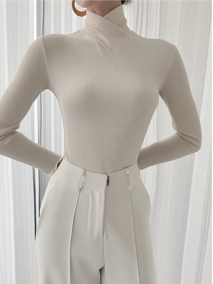 Women's Solid Color Knitted Cross Design Stand Collar Base Layer T-Shirt Top Office New Year Top Autumn/Winter New Arrival Casual