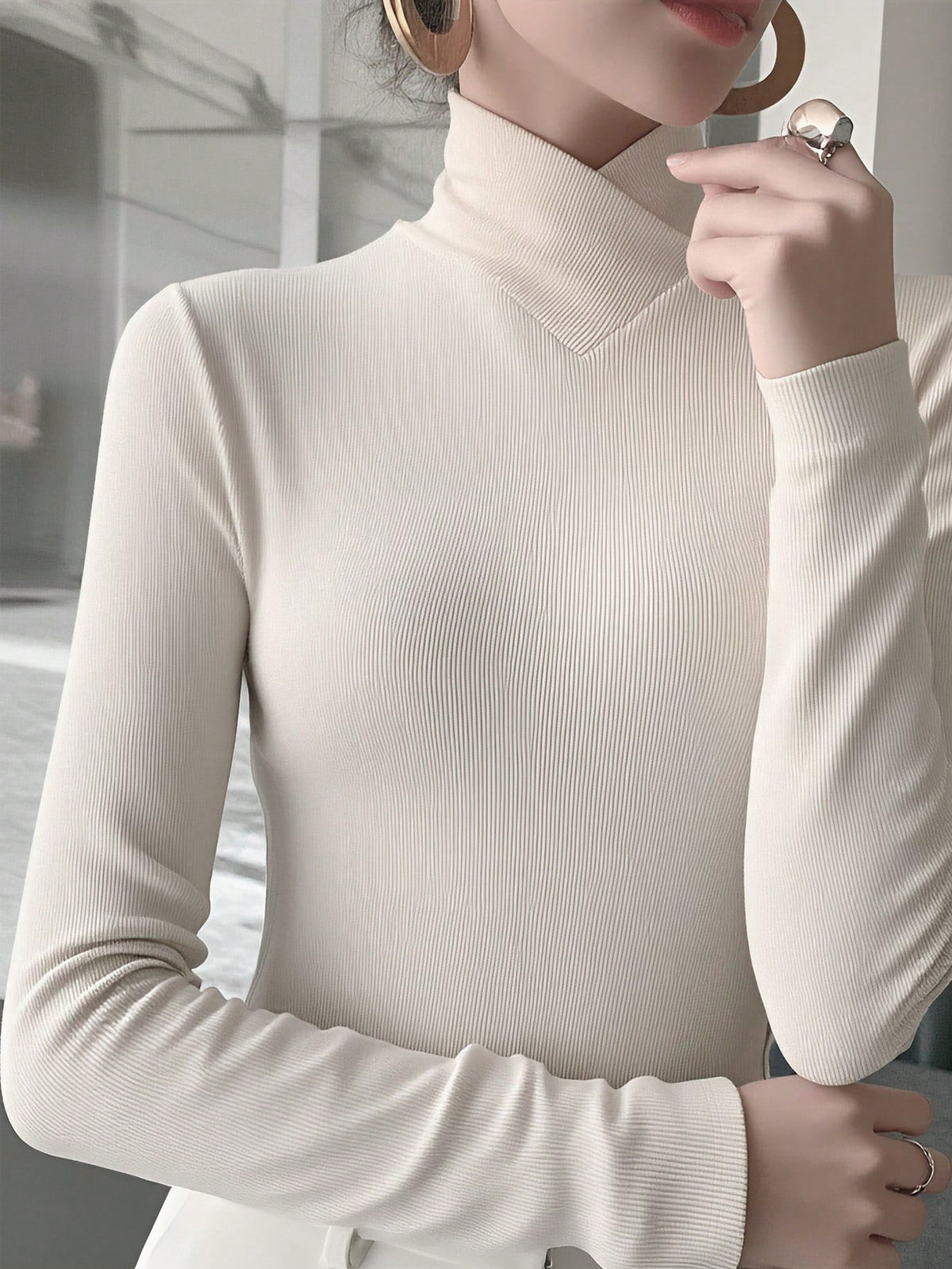 Women's Solid Color Knitted Cross Design Stand Collar Base Layer T-Shirt Top Office New Year Top Autumn/Winter New Arrival Casual