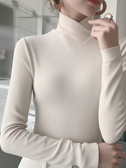 Women's Solid Color Knitted Cross Design Stand Collar Base Layer T-Shirt Top Office New Year Top Autumn/Winter New Arrival Casual