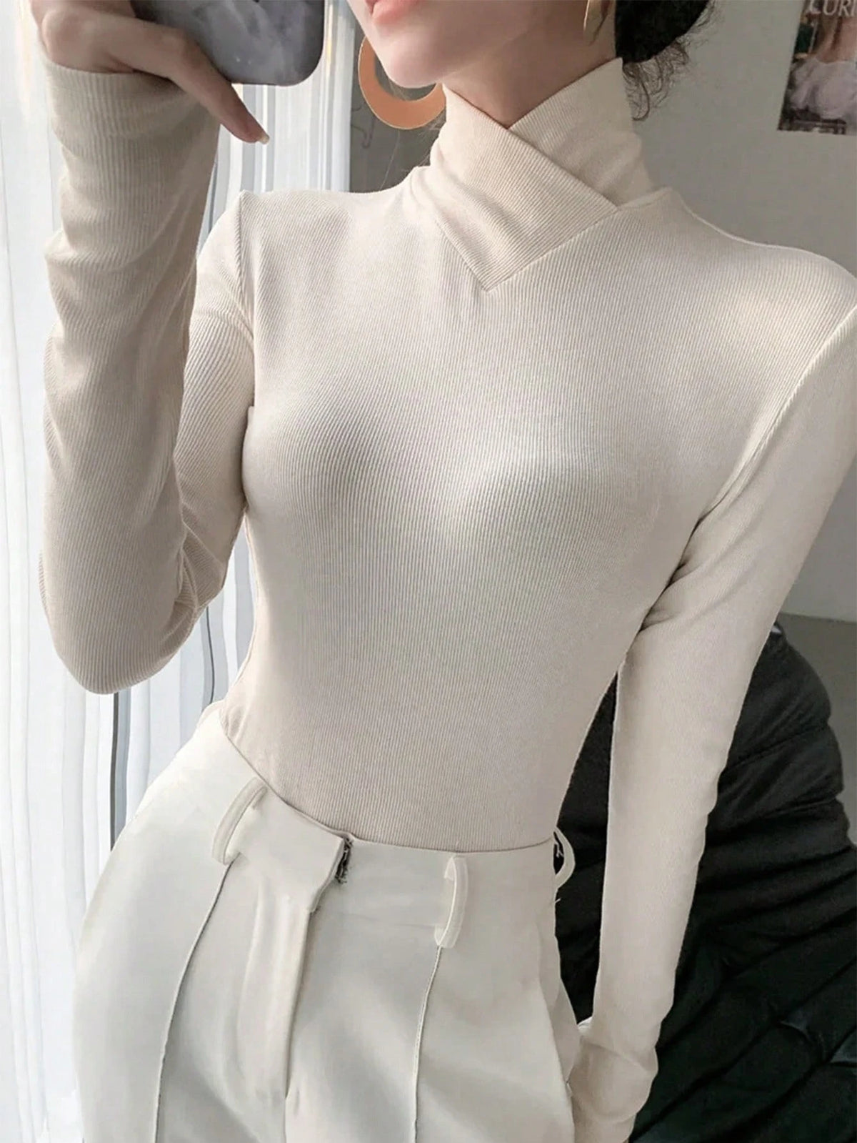 Women's Solid Color Knitted Cross Design Stand Collar Base Layer T-Shirt Top Office New Year Top Autumn/Winter New Arrival Casual