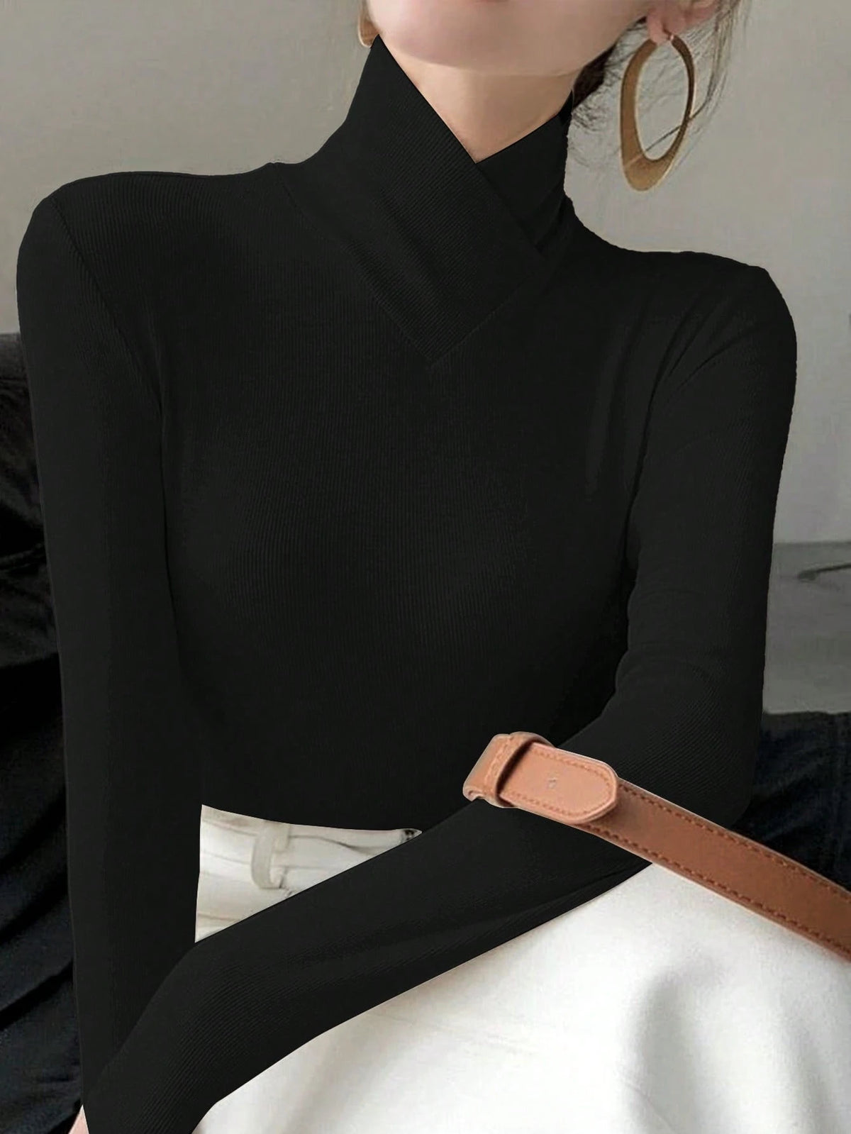 Women's Solid Color Knitted Cross Design Stand Collar Base Layer T-Shirt Top Office New Year Top Autumn/Winter New Arrival Casual