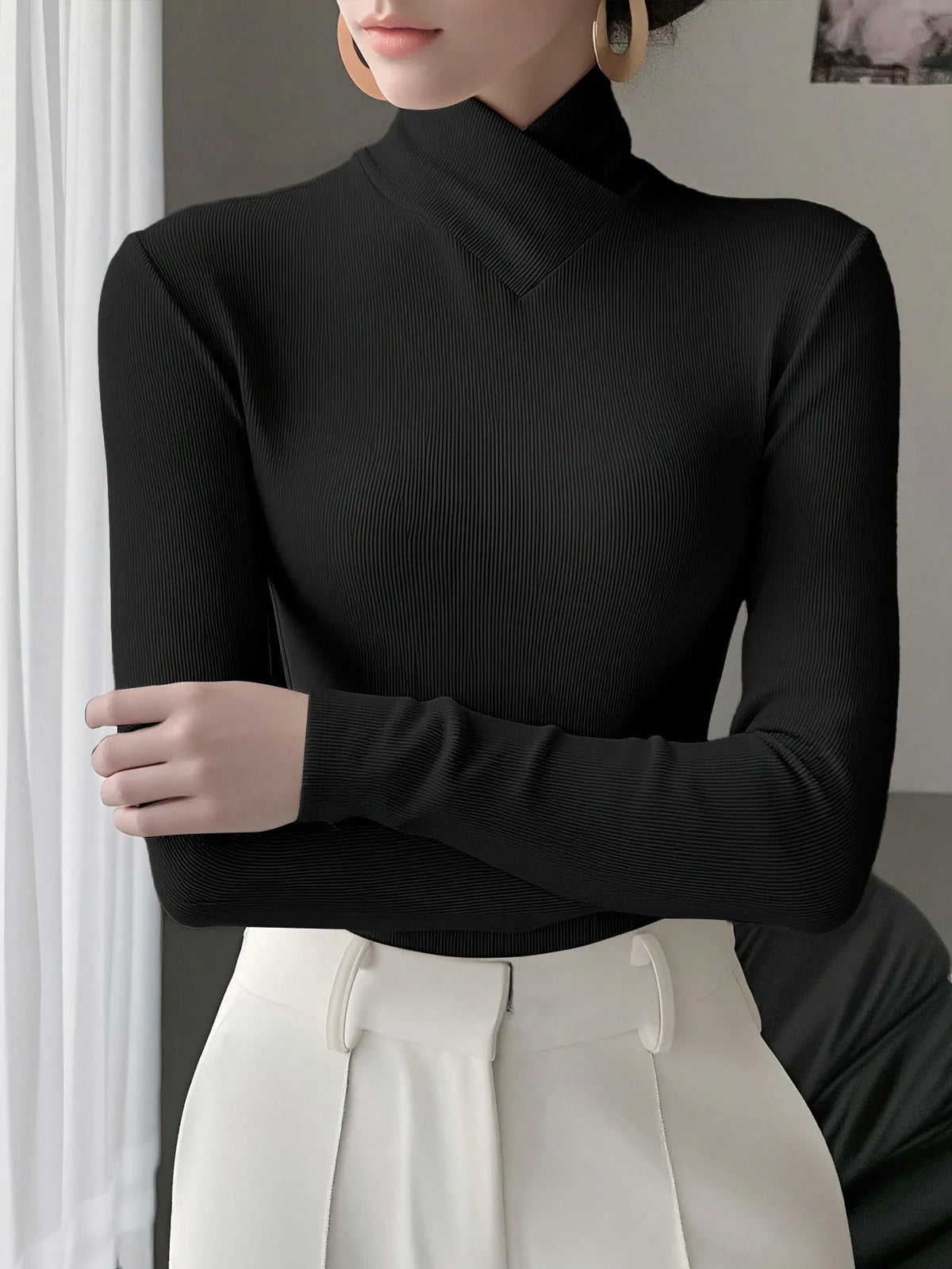 Women's Solid Color Knitted Cross Design Stand Collar Base Layer T-Shirt Top Office New Year Top Autumn/Winter New Arrival Casual