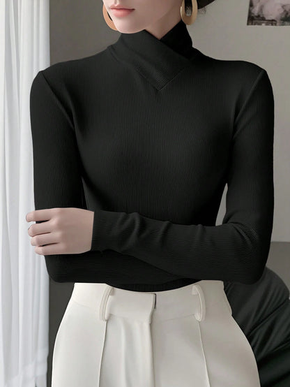 Women's Solid Color Knitted Cross Design Stand Collar Base Layer T-Shirt Top Office New Year Top Autumn/Winter New Arrival Casual
