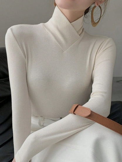 Women's Solid Color Knitted Cross Design Stand Collar Base Layer T-Shirt Top Office New Year Top Autumn/Winter New Arrival Casual