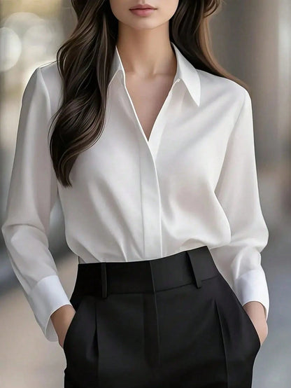 Women's Solid Color Long Sleeve Button-Up Shirt- Casual Office Weekend Top White