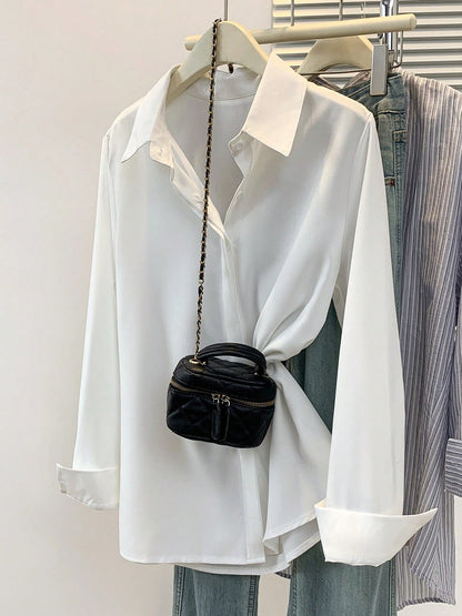 Women's Solid Color Long Sleeve Button-Up Shirt- Casual Office Weekend Top White