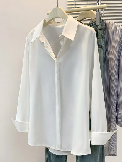 Women's Solid Color Long Sleeve Button-Up Shirt- Casual Office Weekend Top White