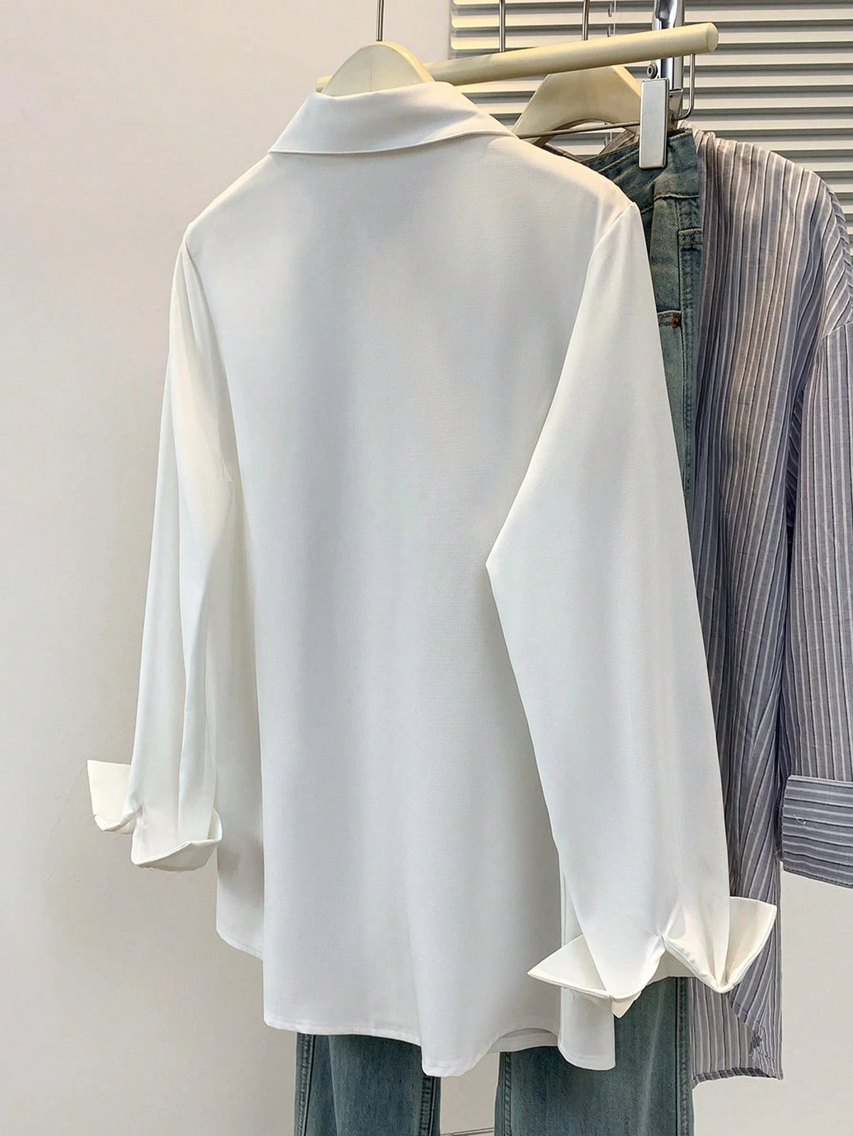 Women's Solid Color Long Sleeve Button-Up Shirt- Casual Office Weekend Top White