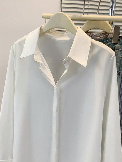 Women's Solid Color Long Sleeve Button-Up Shirt- Casual Office Weekend Top White