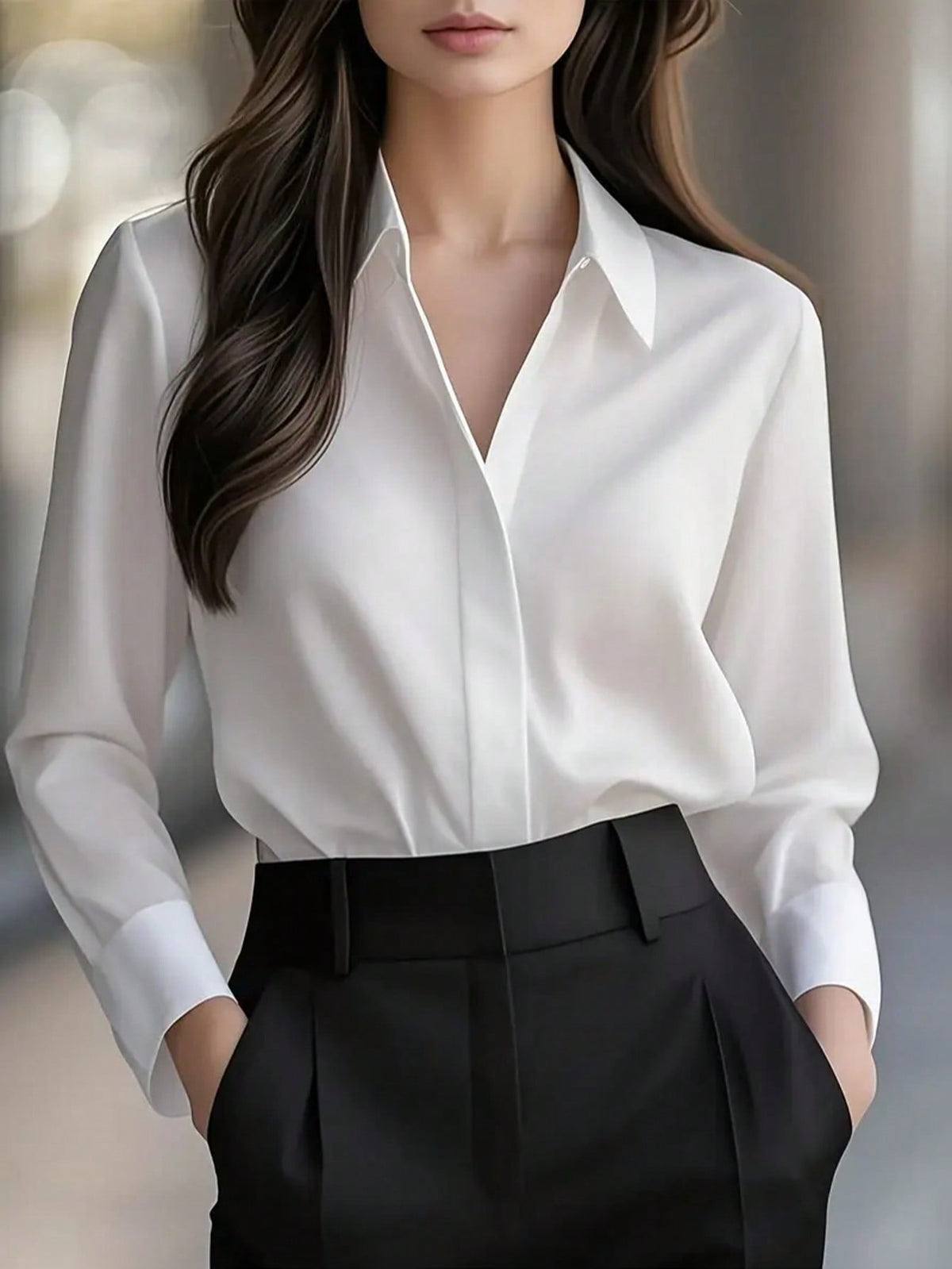 Women's Solid Color Long Sleeve Button-Up Shirt- Casual Office Weekend Top White