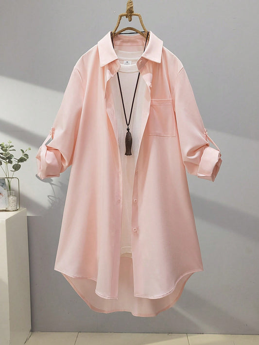 Women's Solid Color Long Sleeve Shirt, Fashionable For Summer Spring