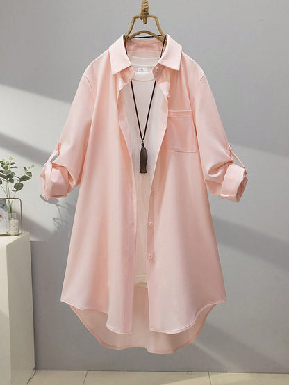 Women's Solid Color Long Sleeve Shirt, Fashionable For Summer Spring