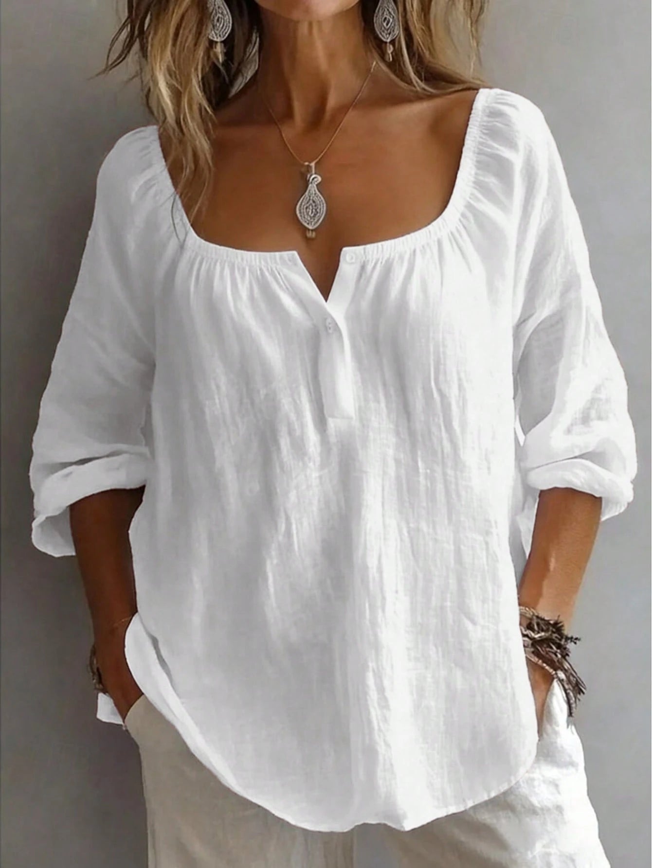 Women's Solid Color Loose Casual Square Neck Half-Button Shirt White, Boho