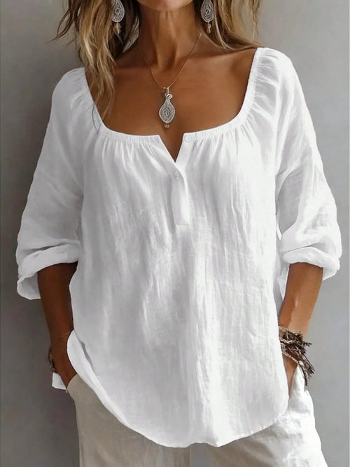 Women's Solid Color Loose Casual Square Neck Half-Button Shirt White, Boho