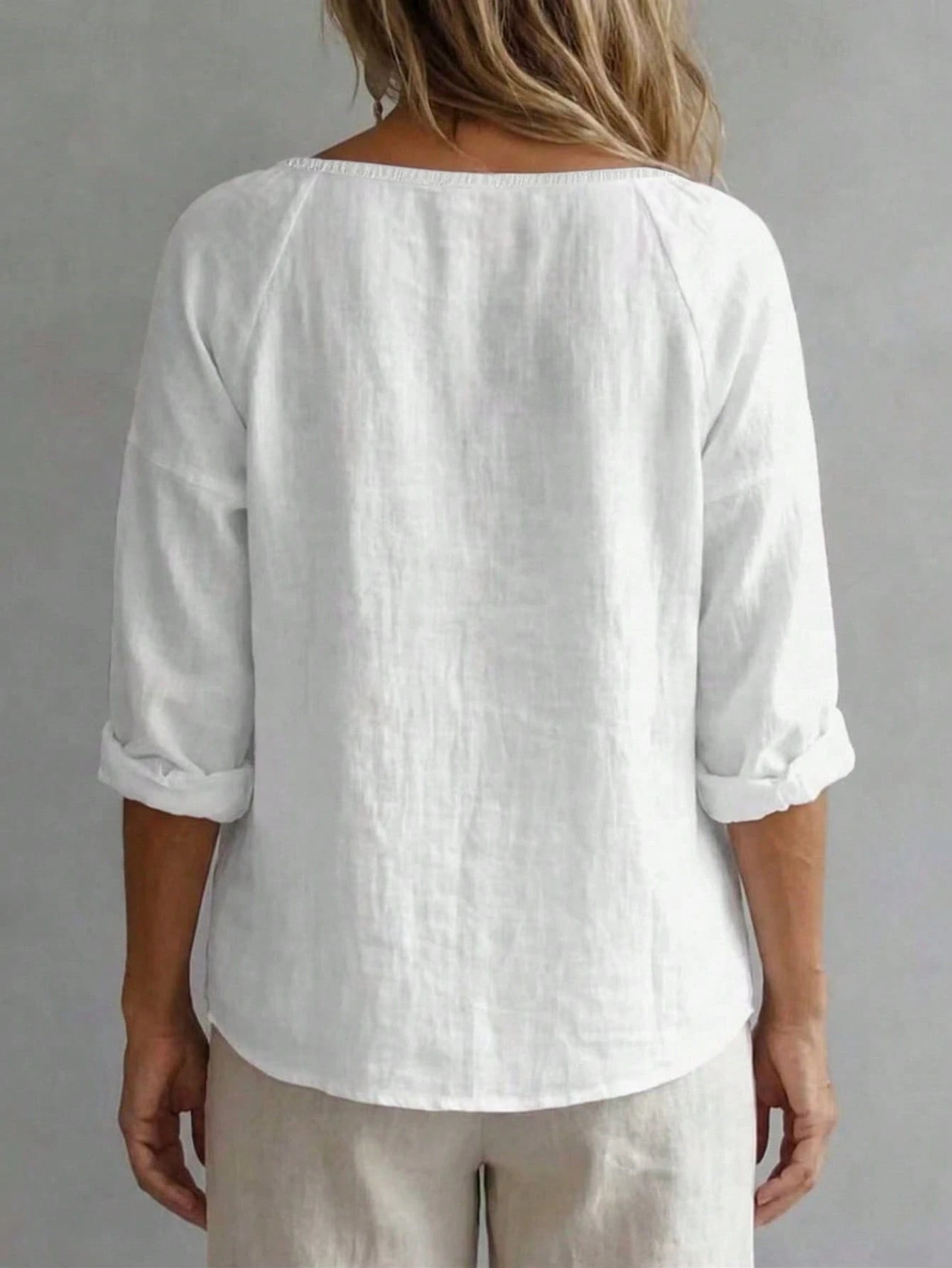 Women's Solid Color Loose Casual Square Neck Half-Button Shirt White, Boho