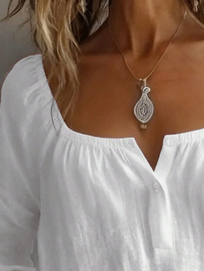 Women's Solid Color Loose Casual Square Neck Half-Button Shirt White, Boho