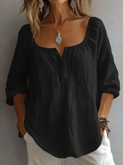 Women's Solid Color Loose Casual Square Neck Half-Button Shirt White, Boho