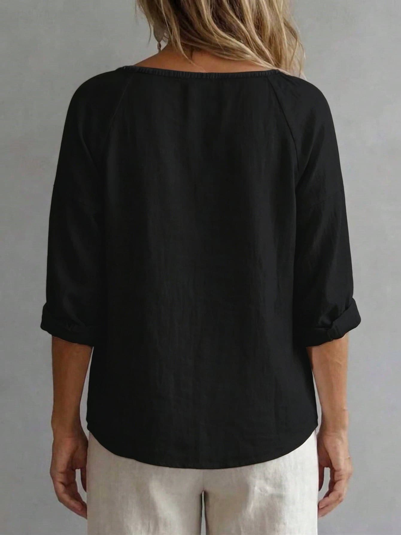 Women's Solid Color Loose Casual Square Neck Half-Button Shirt White, Boho