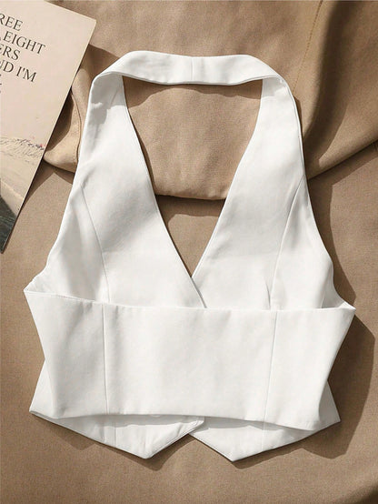 Women's Solid Color Minimalist Daily Button Halter Camisole Casual White Summer