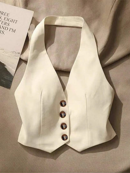 Women's Solid Color Minimalist Daily Button Halter Camisole Casual White Summer