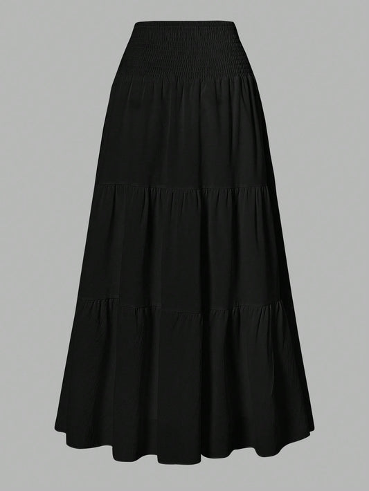 Women's Solid Color Minimalist Versatile Ruffle Hem Bubble Crinkle Feeling Semi-Sheer Skirt Black Summer, Vacationcore