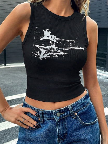 Women's Solid Color Minimalist Y2K Gothic 90s Street Guitar Music Retro Slim Fit Cropped Sleeveless Top Casual Vacation Black Summer