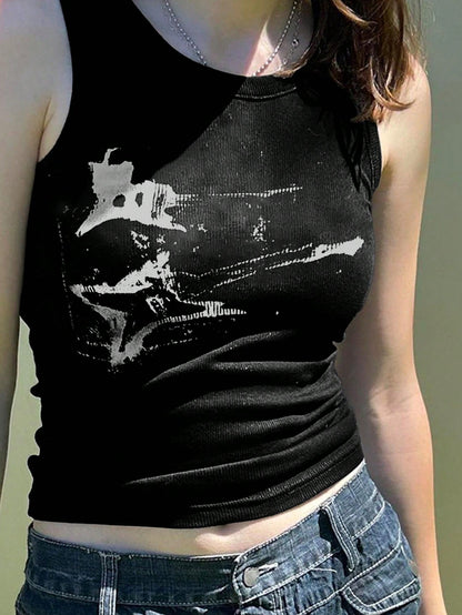 Women's Solid Color Minimalist Y2K Gothic 90s Street Guitar Music Retro Slim Fit Cropped Sleeveless Top Casual Vacation Black Summer