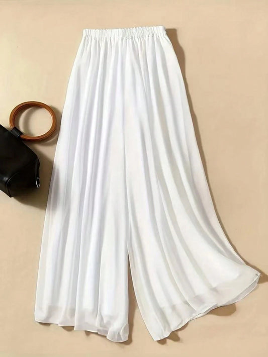 Women's Solid Color Sheer Chiffon Casual Loose High Waist Wide Leg Pants, Suitable For Spring/Summer White
