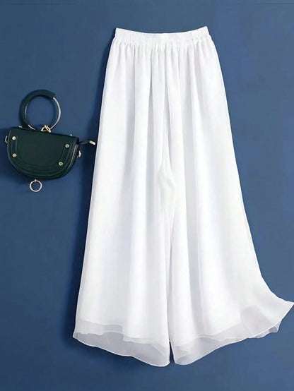 Women's Solid Color Sheer Chiffon Casual Loose High Waist Wide Leg Pants, Suitable For Spring/Summer White